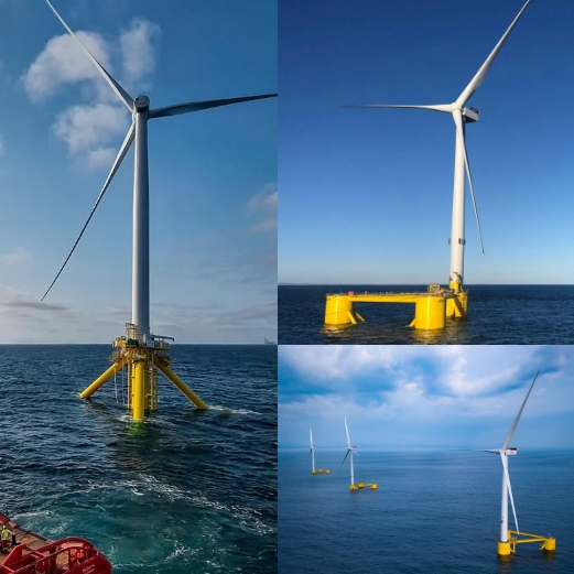 Collage of three images showing white offshore wind turbines on yellow, semi-submersible platforms in the blue ocean: a close-up of a turbine base, a single full turbine, and three turbines in a row.
