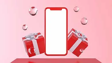 A red smartphone with a blank white screen floats above a red platform, flanked by two red gift boxes with white ribbons, set against a pink background with transparent spheres.