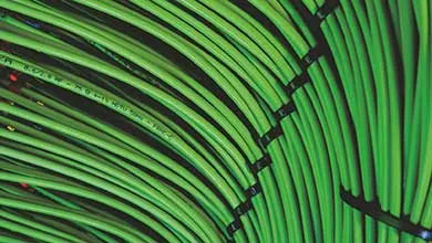 Close-up of bright green cables bundled with black straps, arranged in a curved pattern.