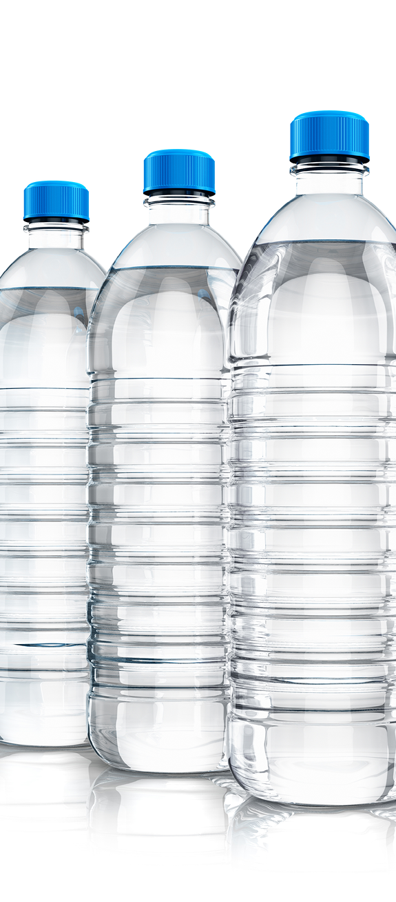 3D render illustration of the group of five plastic bottles with clear purified drink carbonated water isolated on white background with reflection effect